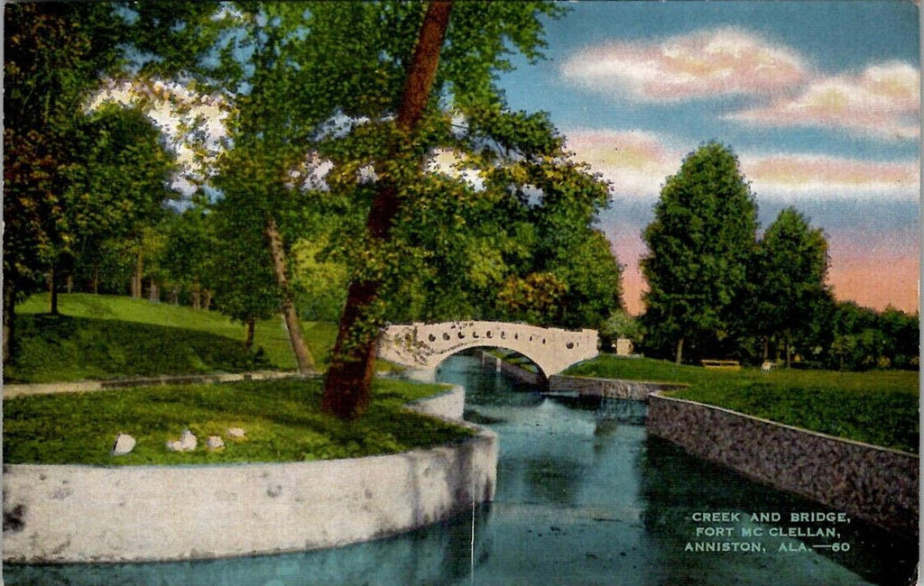 Postcard Cane Creek and Bridge Fort McClellan Anniston Ala UNP Kropp Linen