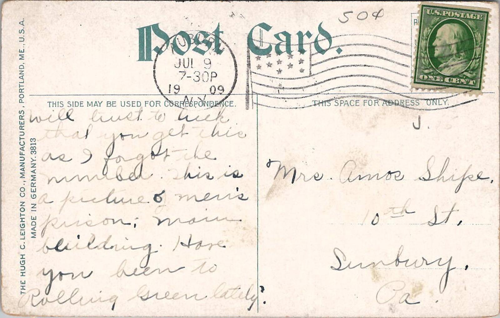 Postcard Auburn Prison N.Y. Hugh C Leighton Co Germany 3813 PM July 9 1909