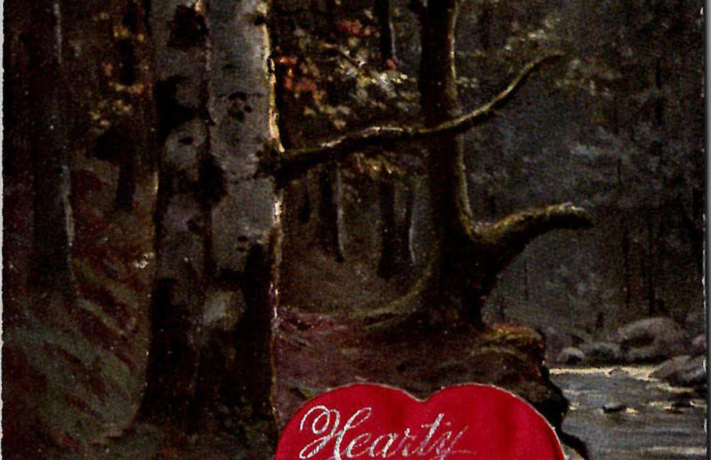 Antique 1907 Postcard with Forest Scene and Cloth Heart Motif Double Backed UNP