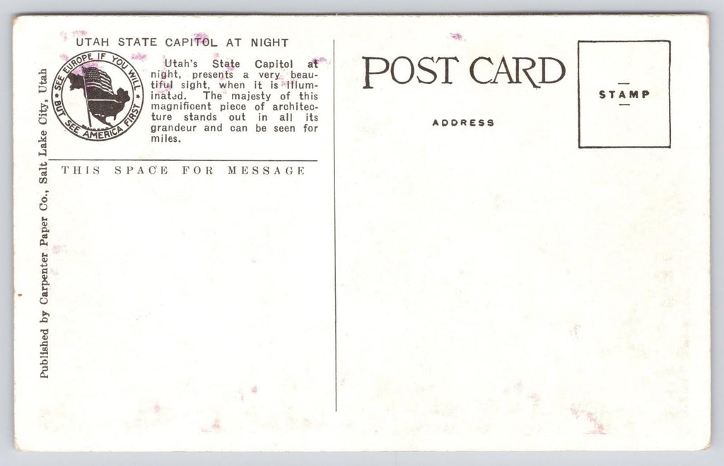 Postcard State Capitol at Night Salt Lake City Utah 15557 White Border Carpenter