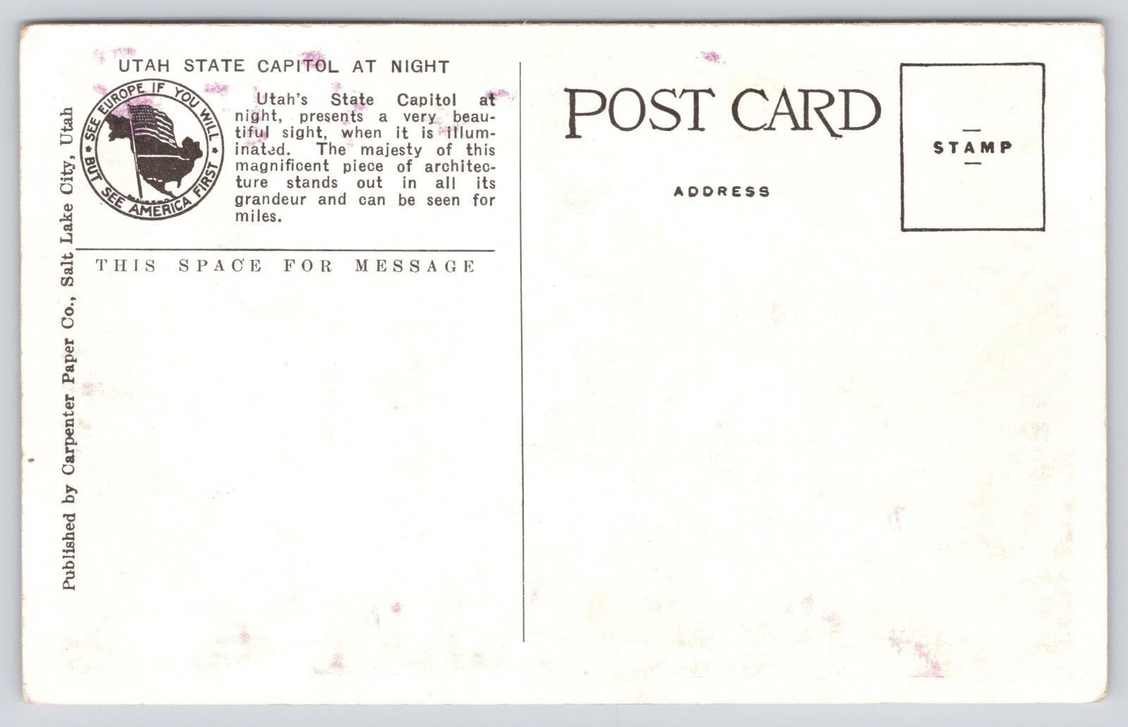 Postcard State Capitol at Night Salt Lake City Utah 15557 White Border Carpenter