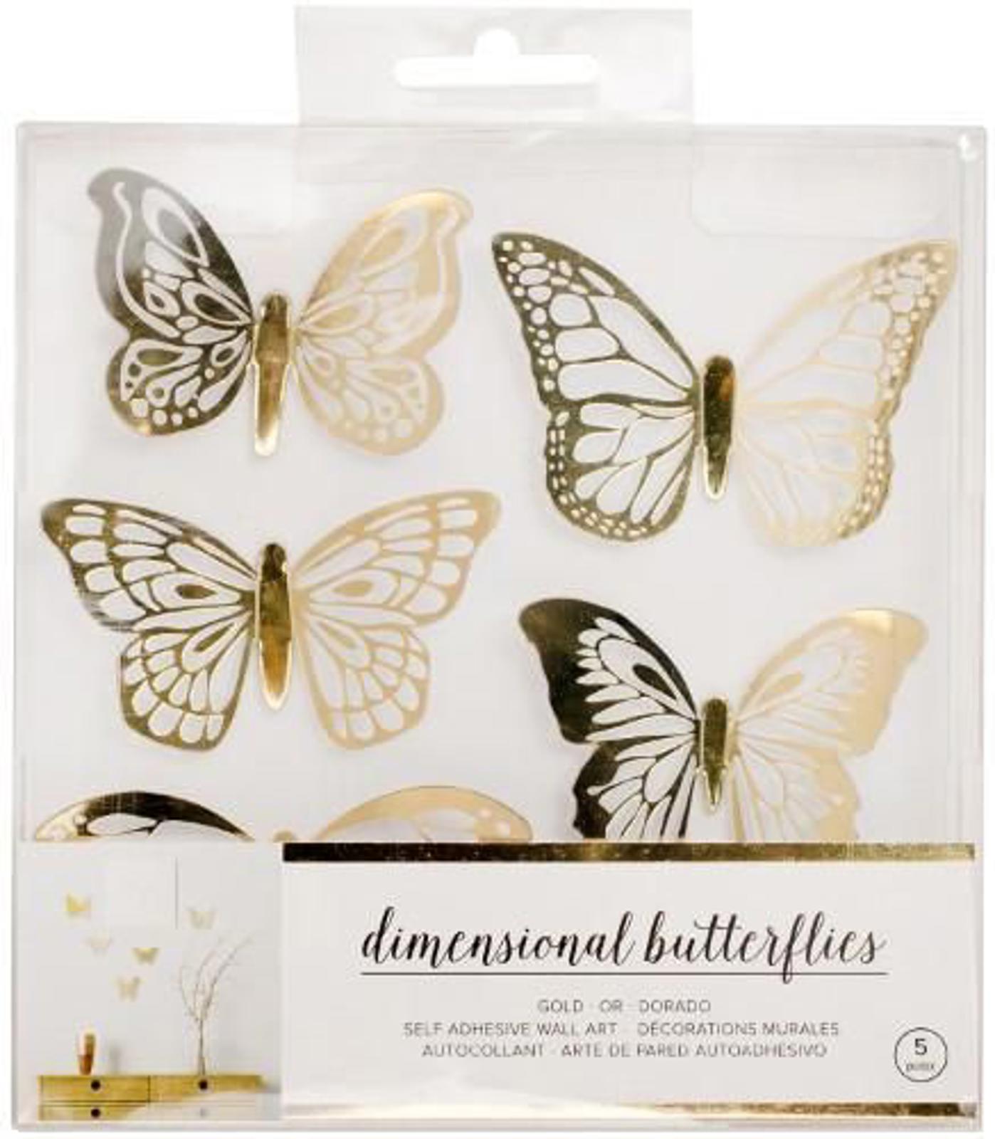 Dimensional Gold Self-Adhesive Wall Art Butterflies - 5 Pieces
