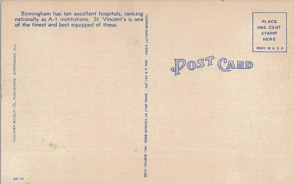 Postcard St Vincent's Hospital Birmingham Ala Linen Unposted Tichnor AL
