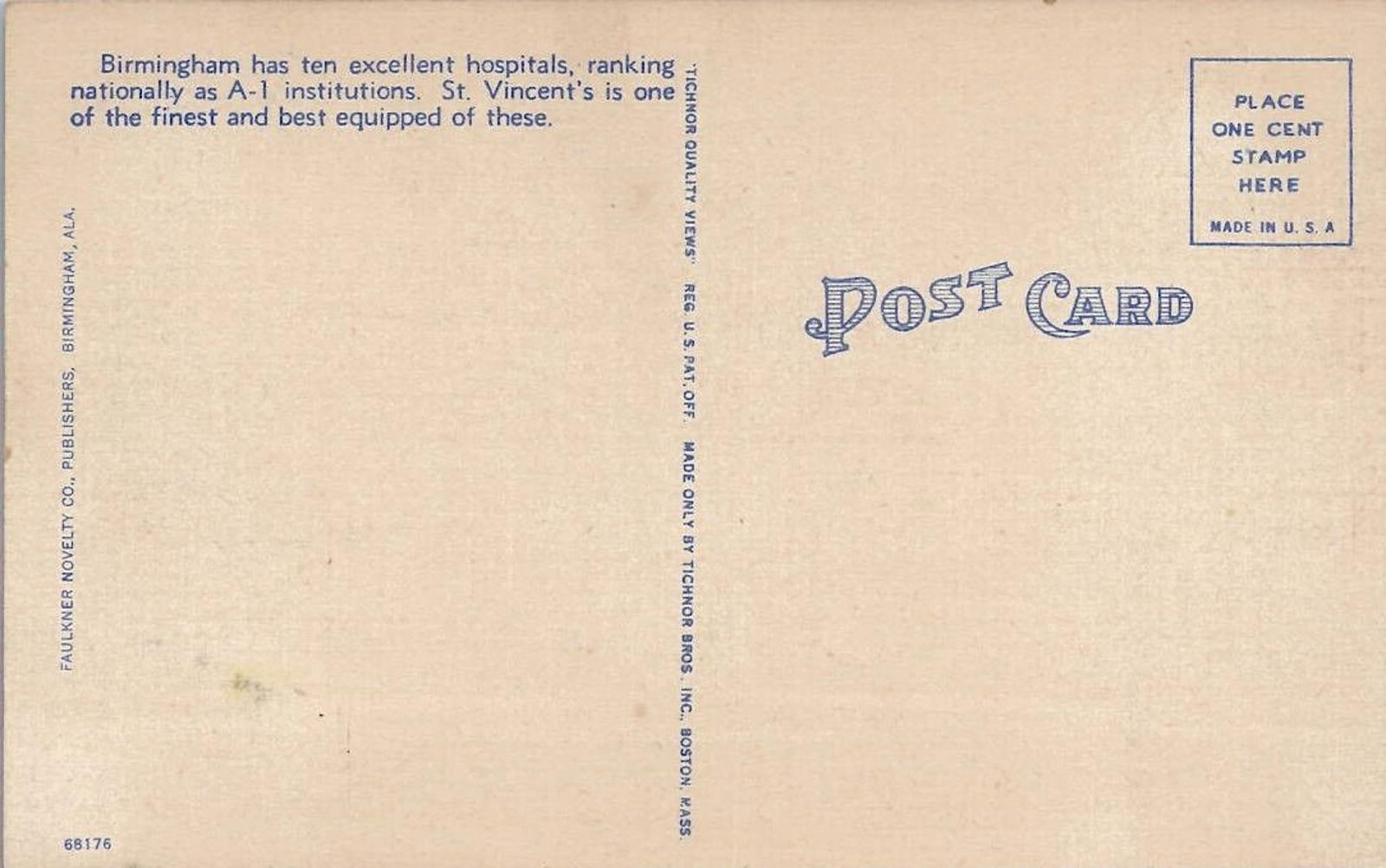 Postcard St Vincent's Hospital Birmingham Ala Linen Unposted Tichnor AL