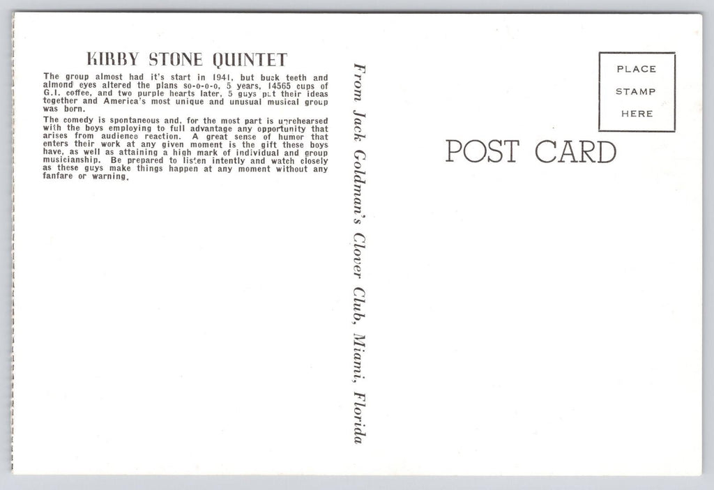 Postcard Kirby Stone Quintet Jack Goldman's Clover Club Miami Florida Cow-Eyes