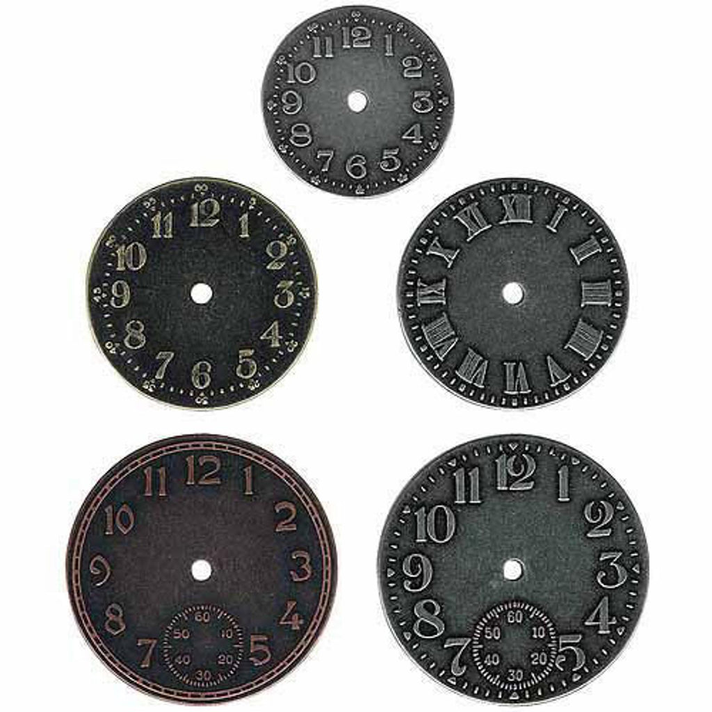 TH92831 Tim Holtz Idea-Ology Metal Clock Faces 5/Pkg-Antique Nickel Brass Copper