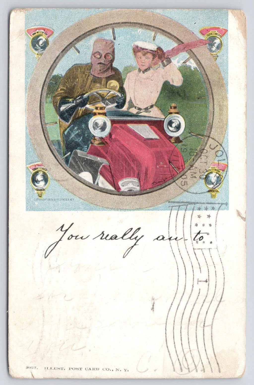 Postcard Masked Driver In Early Car With Lady 3027 Illust Post Card Co Double PM