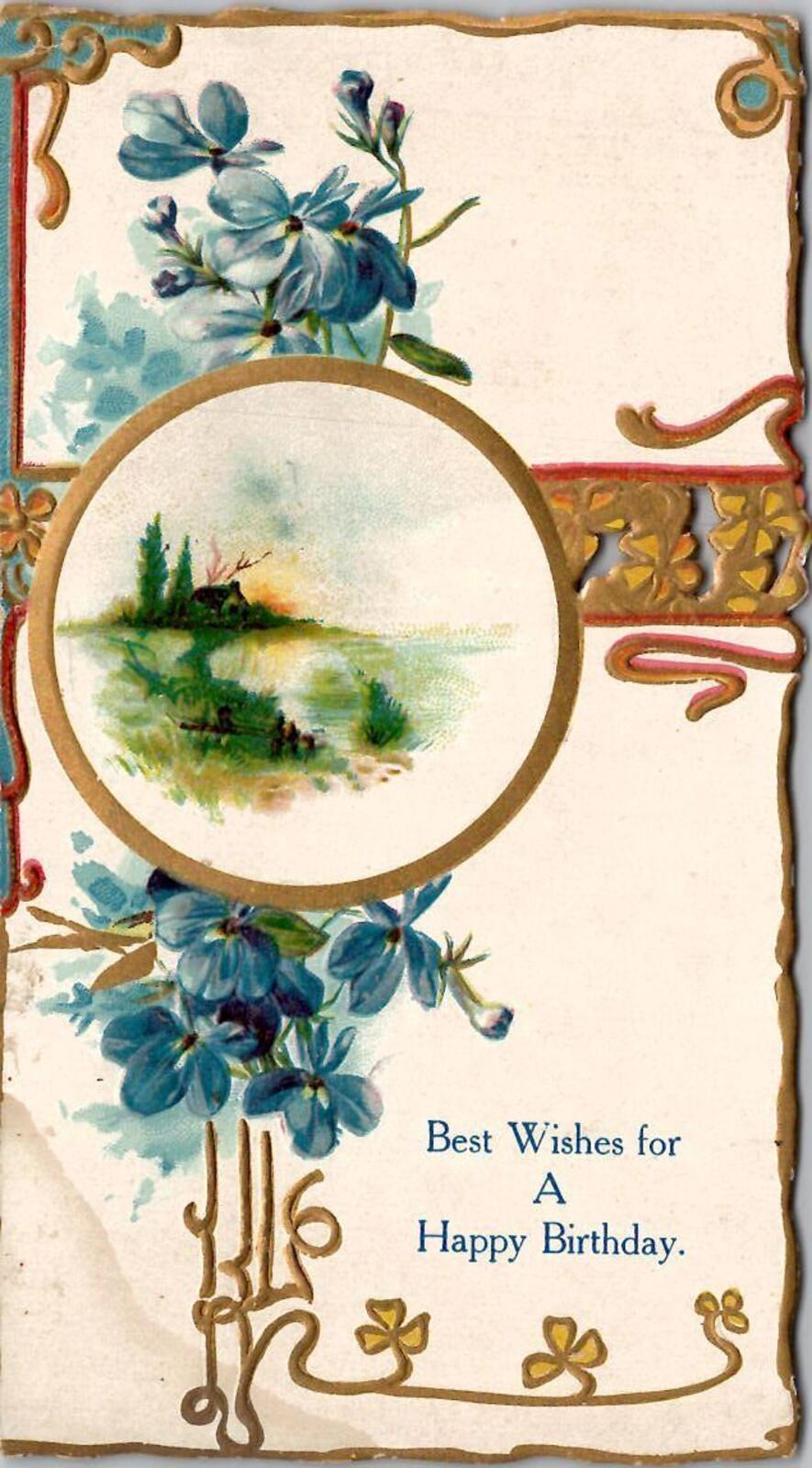 Antique Birthday Greeting Note Card (blank back) embossed gold gilt ephemera