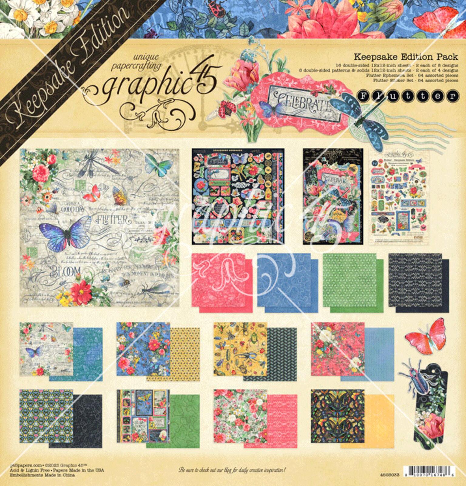 Graphic 45 Flutter 12x12 Keepsake Edition Paper Stickers Ephemera pack & Die Set