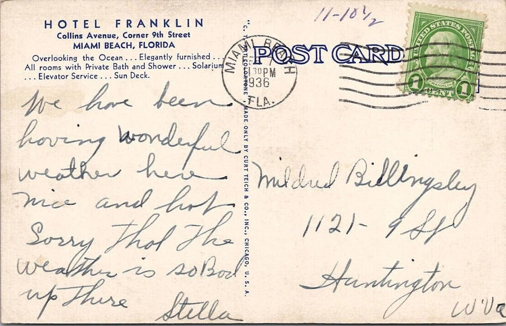 Postcard Hotel Franklin Miami Beach Florida 1936 PM Collins Ave Corner 9th St