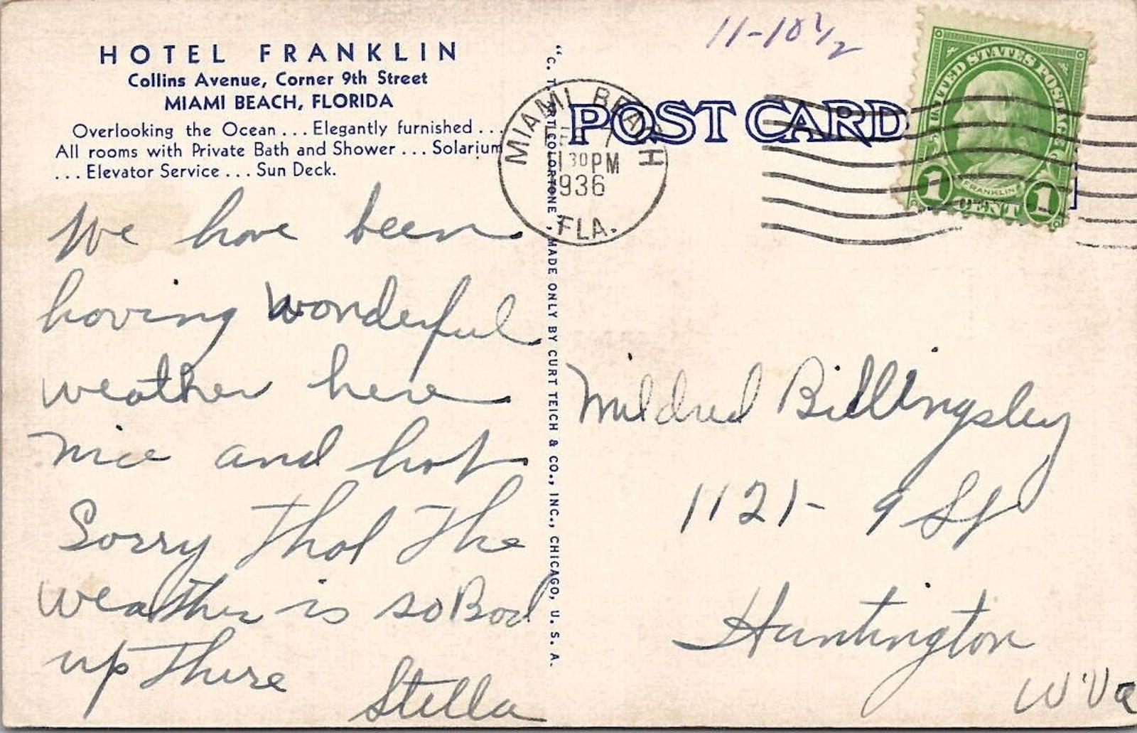 Postcard Hotel Franklin Miami Beach Florida 1936 PM Collins Ave Corner 9th St