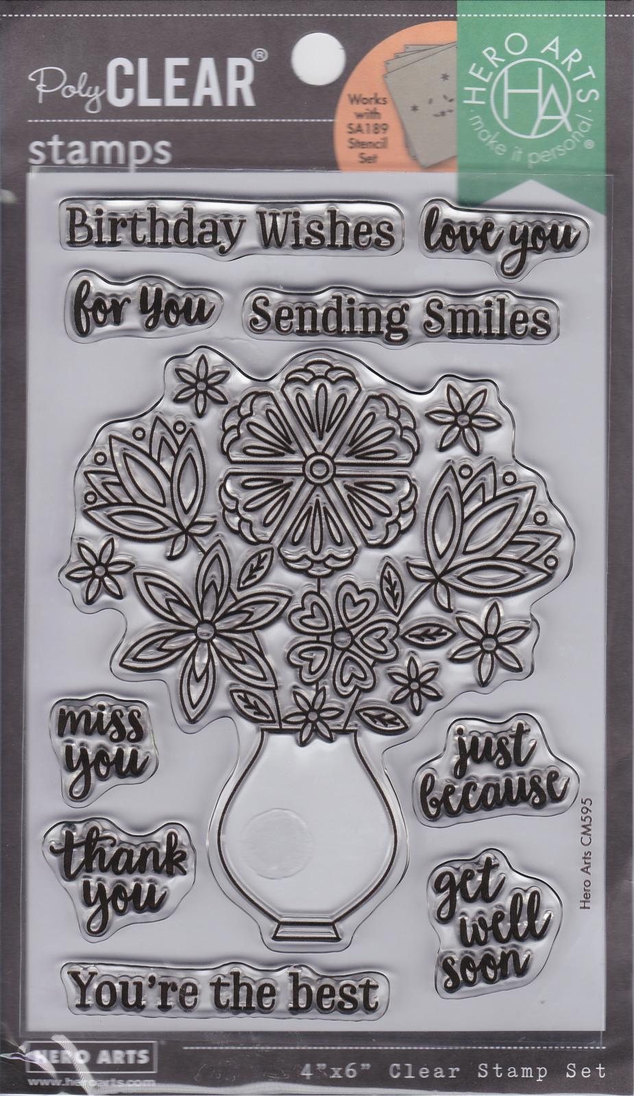 CM595 Flowers in Vase 4"x6" Clear Stamp Set Hero Arts NIP 085700934367