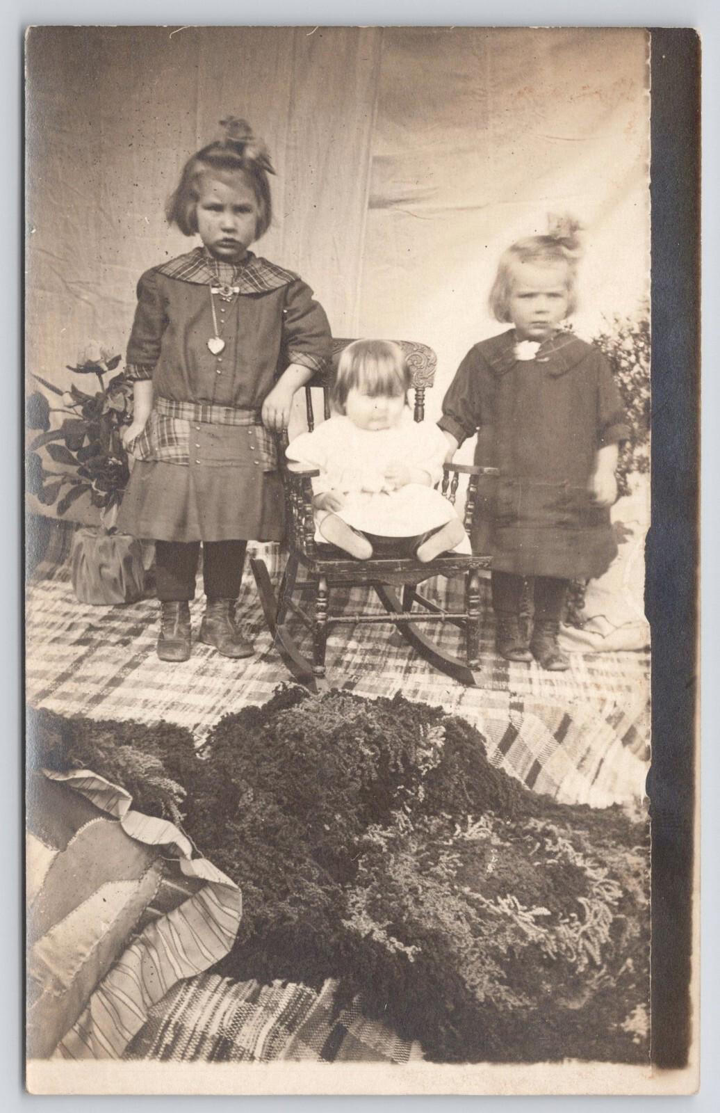 RPPC Three Infant Sisters Rocking Chair Real Photo Postcard Azo 4 Triangles Up