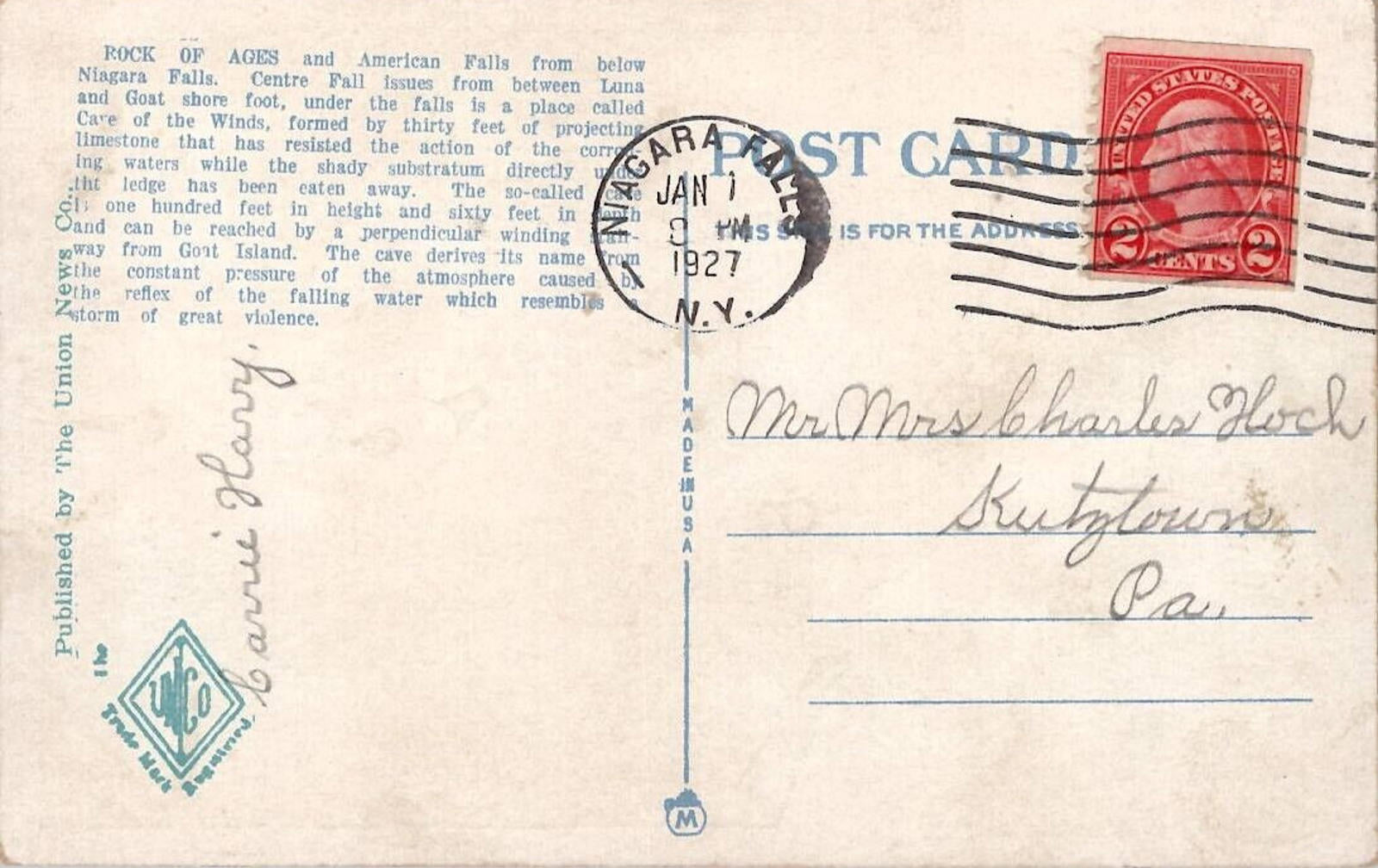 Postcard 274 Rock of Ages and Cave of the Winds Niagra Falls PM 1927 Union News