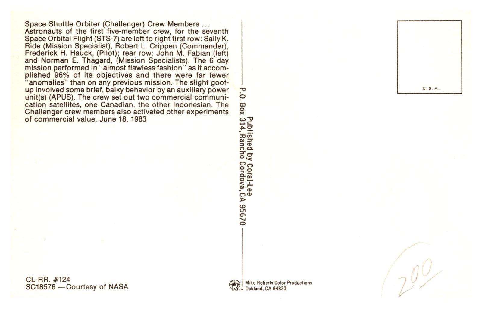 NASA Space Shuttle Challenger Crew Members Commemorative Postcard