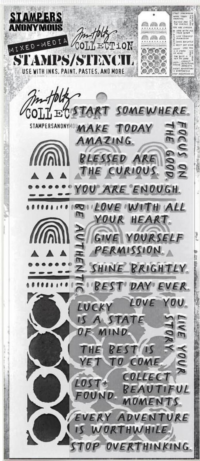 THMM162 Noteworthy Sayings Clear Stamp Rainbow & Ringer Stencil Set Tim Holtz