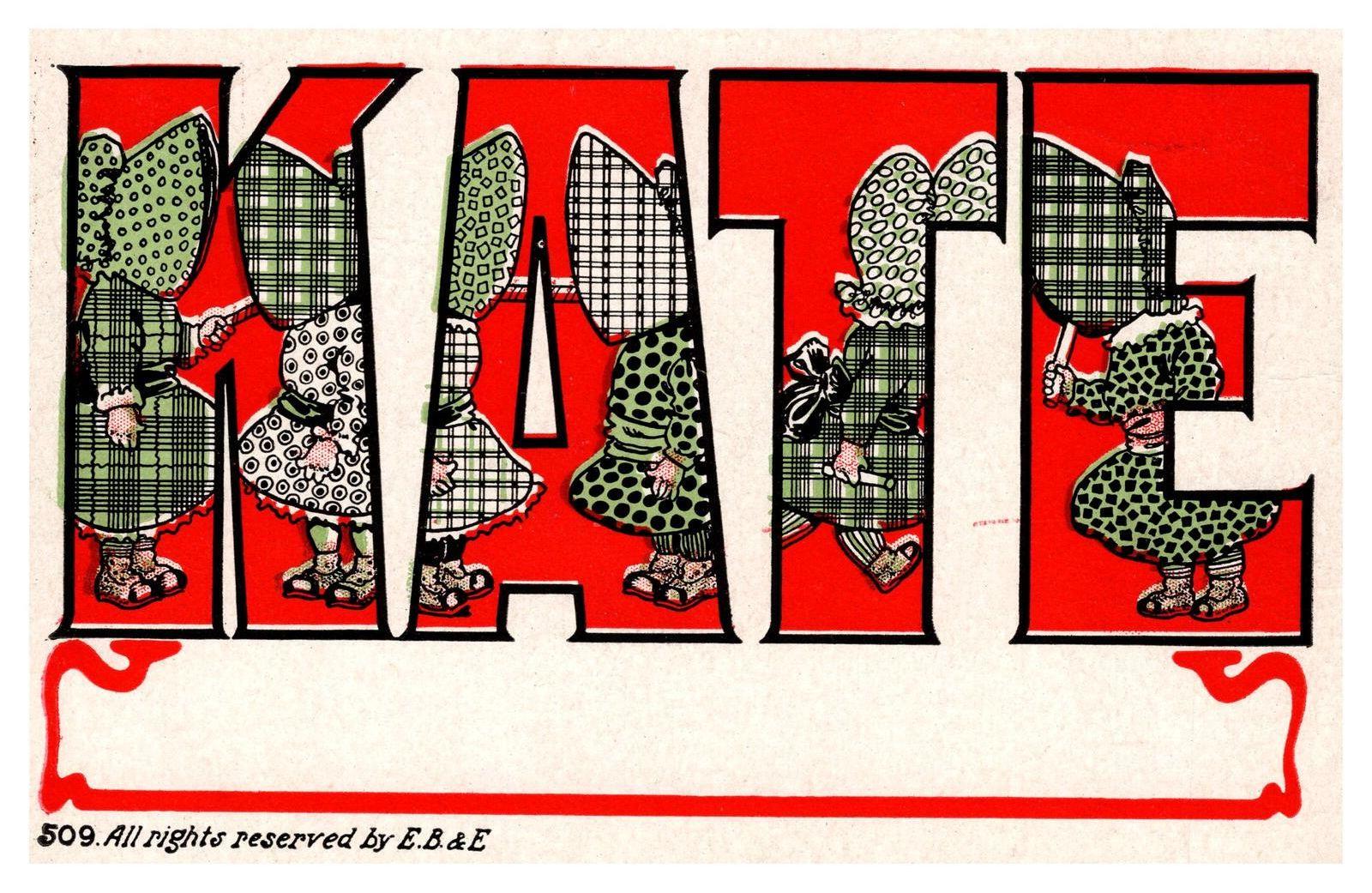 Larger Letter Kate Illustrated Postcard with Red Lettering Undivided Unposted