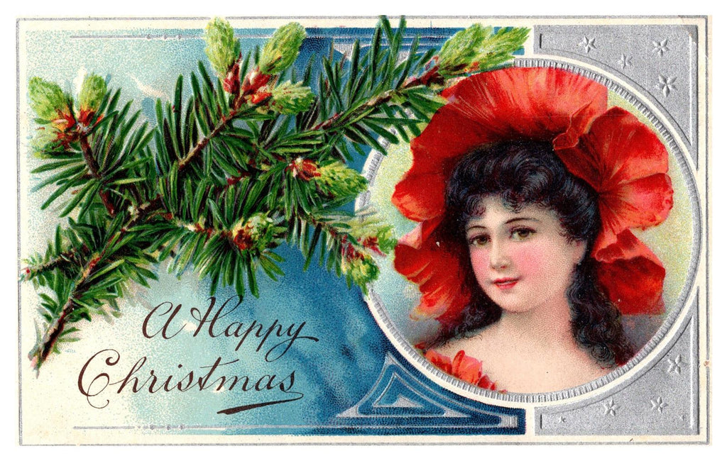 A Happy Christmas Embossed Postcard with Woman in Red Hat and Pine Branch