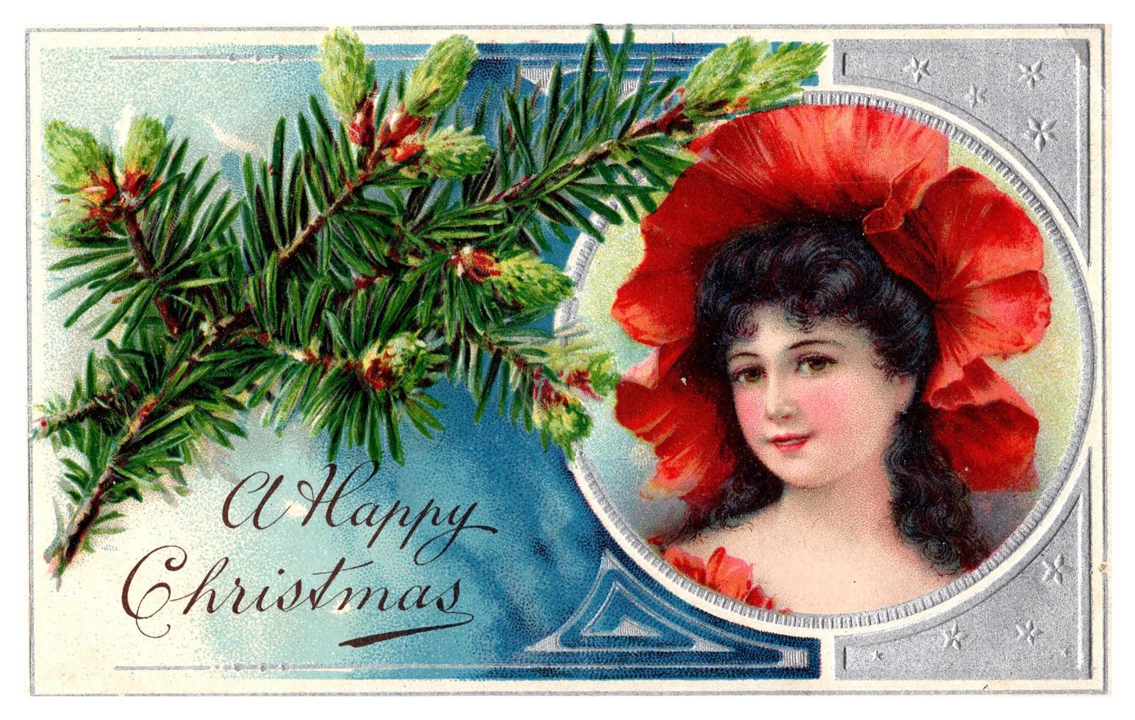 A Happy Christmas Embossed Postcard with Woman in Red Hat and Pine Branch
