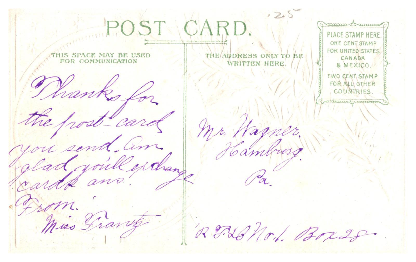 A Happy Christmas Embossed Postcard with Woman in Red Hat and Pine Branch